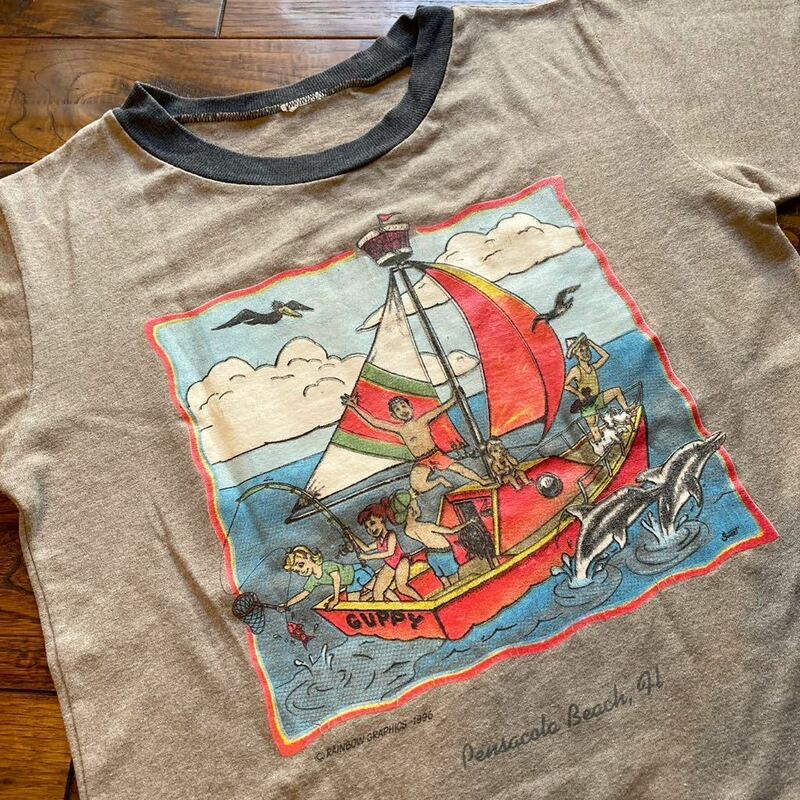 レア！USA製 Pensacola Beach ヨット イラスト プリント 半袖Tシャツ リンガーtシャツ トリム メンズ レディース ビンテージ アメリカ古着