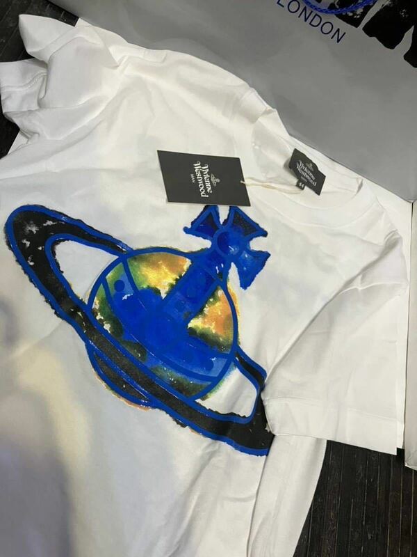 送料込●新品●完売品 Vivienne Westwood 半袖Tシャツ44 白E 日本製 青プリントオーブ コットン100% ヴィヴィアンウエストウッド ビビアン