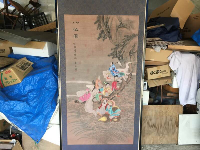 旧家買出し品　　七福神画　　古い　中国古美術　　水彩画　　横94.5ｃｍ縦182ｃｍ厚さ2.5ｃｍ