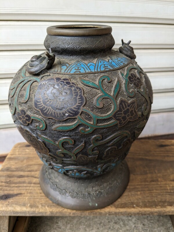 古玩 中国 中国美術 金属工芸 花瓶 古美術　七宝焼　高さ　カタツムリ　銅製
