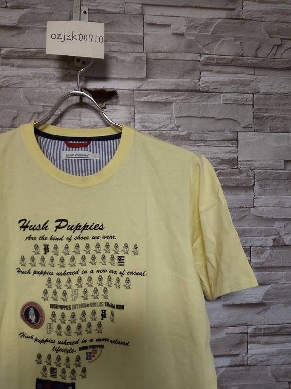 men's F155 HUSH PUPPIES　ハッシュパピー プリント ワッペン 半袖 Tシャツ L イエロー