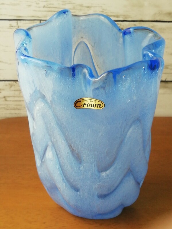 未使用 Crown 気泡 ガラス 花瓶 フラワーベースクラフトグラス CRAFT GLASS レトロ ブルー antique BUBBLE GLASS VASE 送料込み