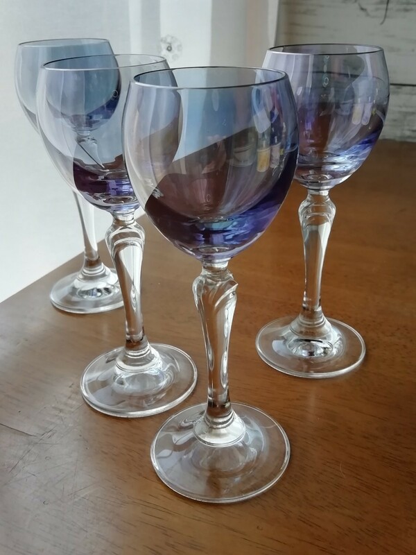 ミニ ワイングラス 4客 オパール ブルー 銀 ハンドメイド 食前酒 シェリー リキュール アンティーク Handmade wine glass Antique 送料込み
