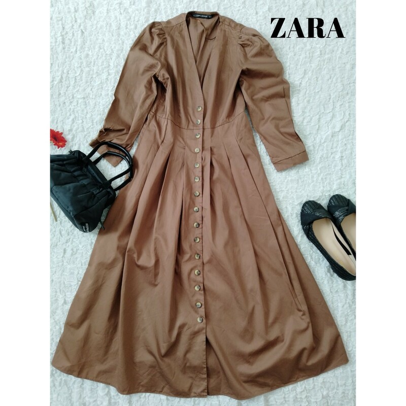 ZARA*ザラ*マキシ丈*ワンピース*コットン100％*フロントボタン*茶系*Vネック*ノーカラー*無地*プリーツ*お袖ふんわり*大人可愛い*ロング*S