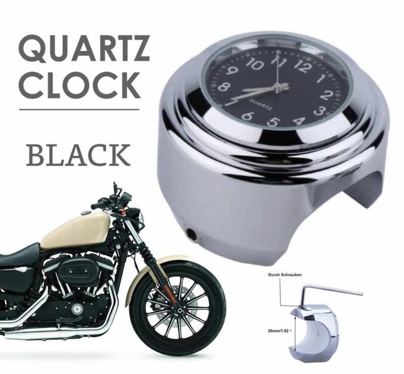 黒 アナログ 時計 ３針 バイク オートバイ 自転車 バーハンドル 簡単取り付け ブラック