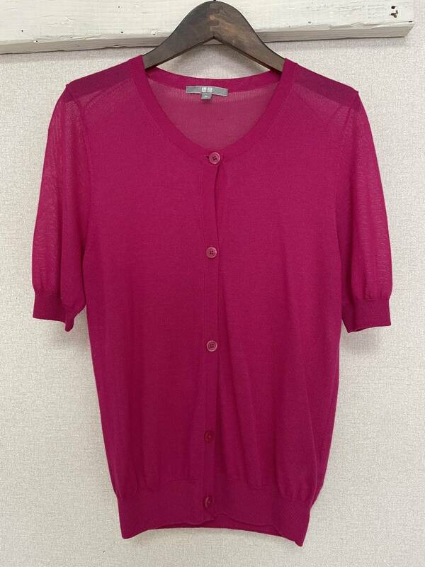 【美品】ユニクロ UNIQLO カーディガン きれい色ピンク トップス Tシャツ 羽織り レディース XL 女性用 丸首 五分袖 涼しい 大きいサイズ