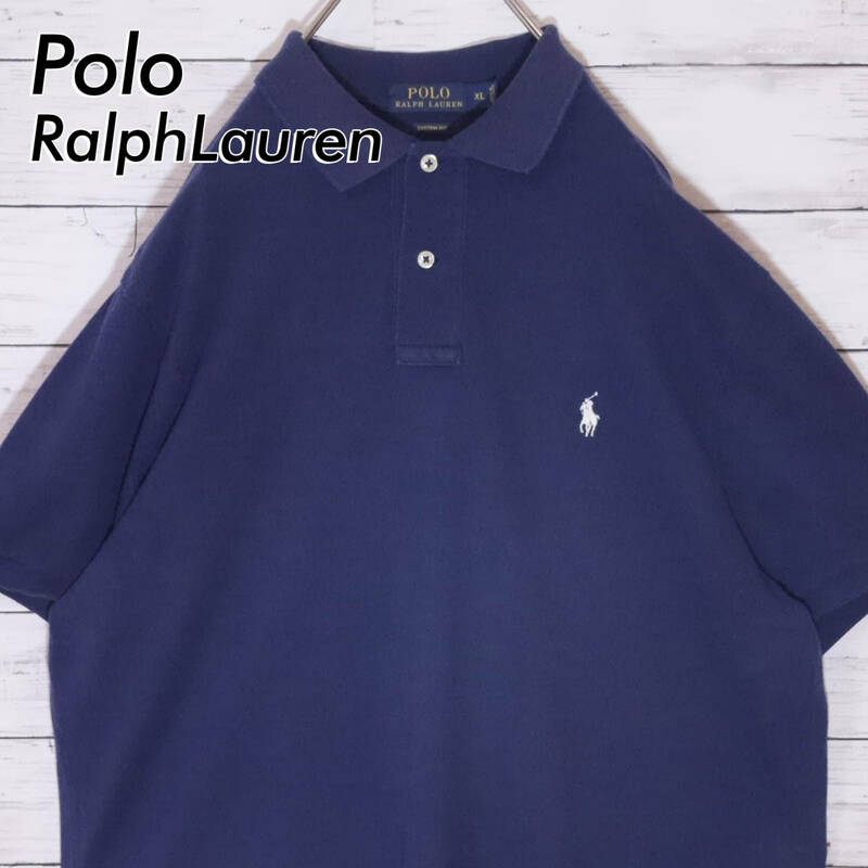 Polo Ralph Lauren ポロラルフローレン 無地単色 ポニー刺繍ロゴ 鹿子 半袖ポロシャツ CUSTOM FIT カスタムフィット ネイビー XL 20200281