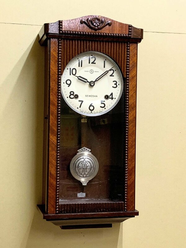 12318/精工舎 振り子時計 掛け時計 古時計 ゼンマイ式 SEIKO 昭和レトロ 木製 古道具 小道具 柱時計 ジャンク