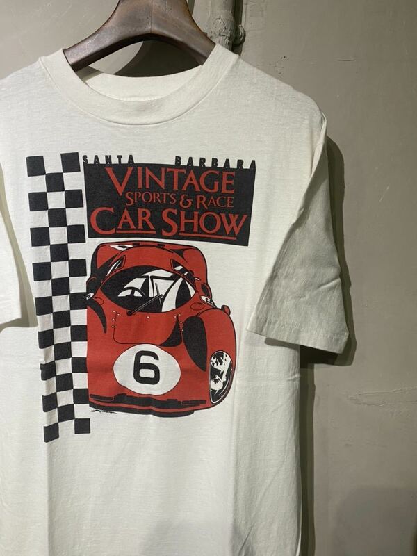 【即決】80s HANES BEEFY Tee ヘインズ ビーフィー vintage car show Tシャツ スポーツカー プリント チェッカー柄 USA アメリカ製 古着 L