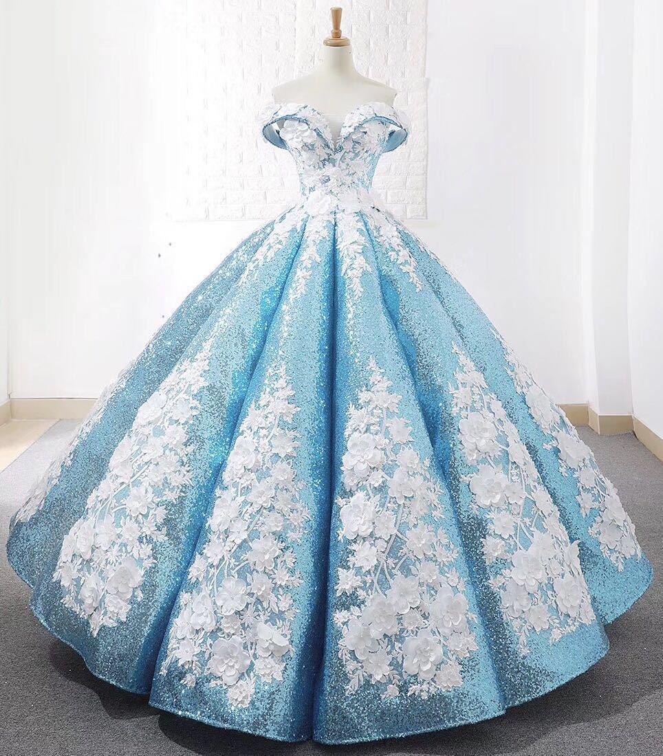 豪華花嫁お色直カラードレス★スカイブルー結婚式&挙式美しいプリンセスライン色変更無料#サイズオーダーメイド#結婚式#挙式オフショルダー