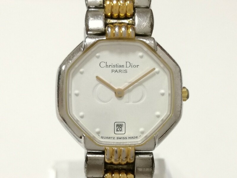 稼働品 Christian Dior クリスチャンディオール 48.203 オクタゴン デイト 腕時計 クォーツ シルバー ゴールド 白文字盤 59-4 腕時計