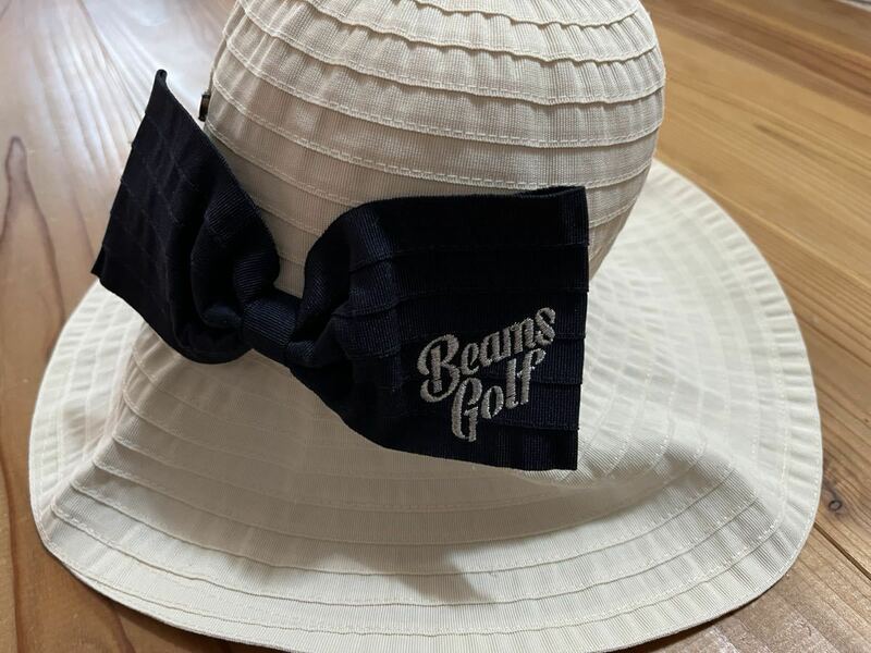 BEAMS GOLF 折りたたみハット 美品 リボン HAT つば広 日除け 帽子 白 ホワイト GOLF ゴルフウェア ビームスゴルフ 57.5センチ