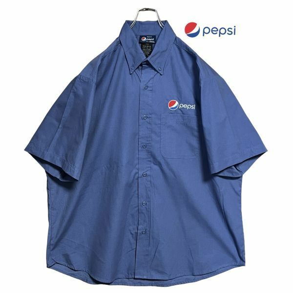 ★PEPSI前後企業ロゴ刺繍★ ARAMARK 半袖ワークシャツ ボタンダウン XL ペプシコーラ クリーニング プレス済み 古着 USED w789