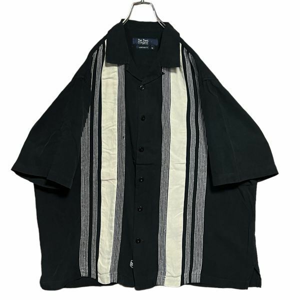 ★SILK100%★ NatNast 半袖切替しシャツ XL 刻印ボタン 50'Sスタイル ロカビリーロックンロール古着 クリーニング プレス済み USED 0781