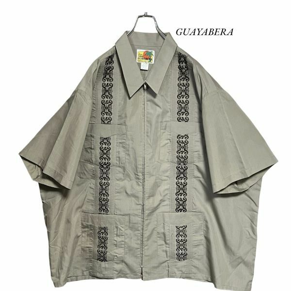 ★超KINGサイズ★GUAYABERA 半袖キューバシャツ 4XL キャメル フルジップ ピンタック刺繍 メキシカン古着ヴィンテージ 洗濯プレス済み 0795