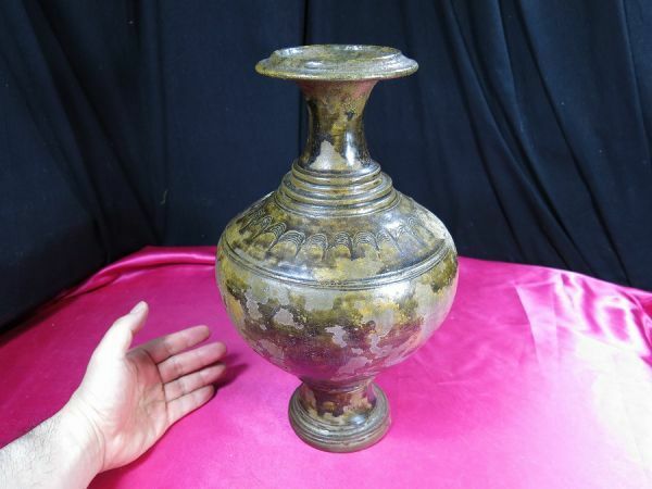 ｃ　クメール黒釉盤口瓶　12-13世紀　大型 遺跡発掘品　カンボジア　陶器　