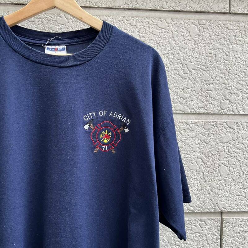 90s 00s USA古着 ネイビー 半袖Tシャツ 刺繍 デザイン ワンポイント 紺色 JERZEES ジャージーズ アメリカ古着 vintage ヴィンテージ XL