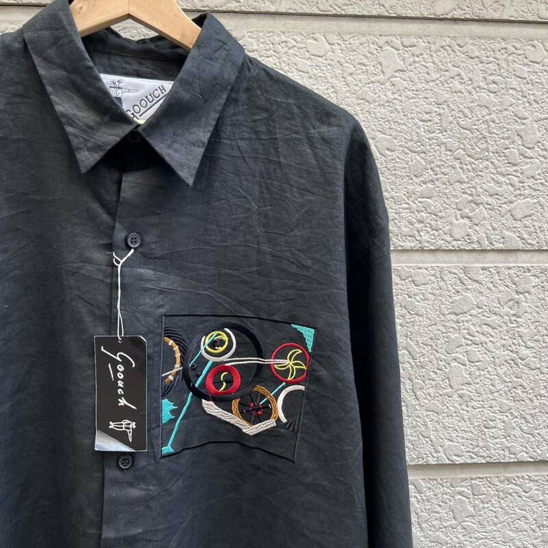 90s USA古着 GOOUCH 刺繍シャツ リネンシャツ デザインシャツ グーチ デッドストック DEAD STOCK アメリカ古着 vintage ヴィンテージ 黒 L