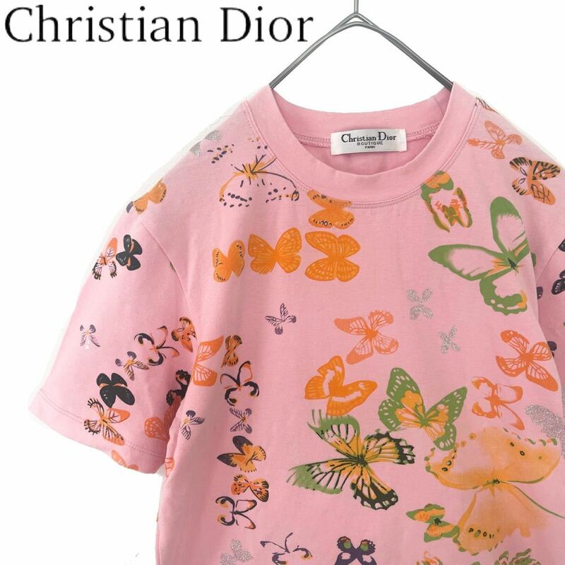【送料無料】Christian Dior クリスチャンディオール　花柄　Tシャツ　ピンク　M 半袖　レディース　フラワー　蝶　バタフライ