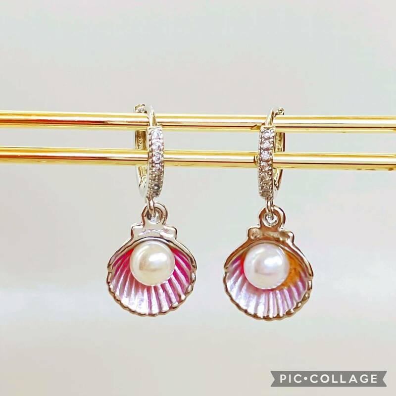 ☆貝殻のピアス シルバー☆ 銀 耳飾り イヤリング ハンドメイド アクセサリー パーティー 結婚式 二次会 普段使い ピンク 桃