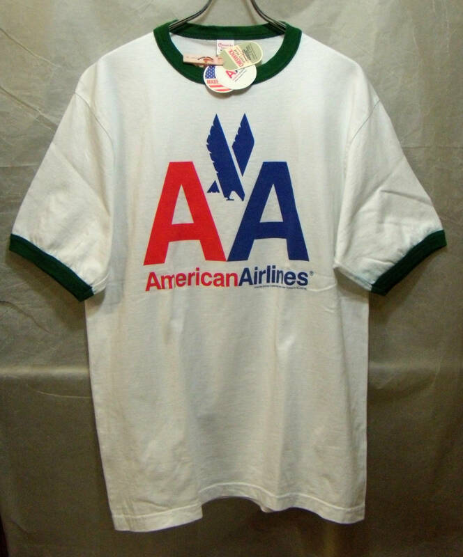 東洋　昔のCheswick　リンガー　プリント（AA　AmericanAirlines）s/sTee ホワイトXグリーン　M　丸胴　アメリカ製　未着用長期保管品