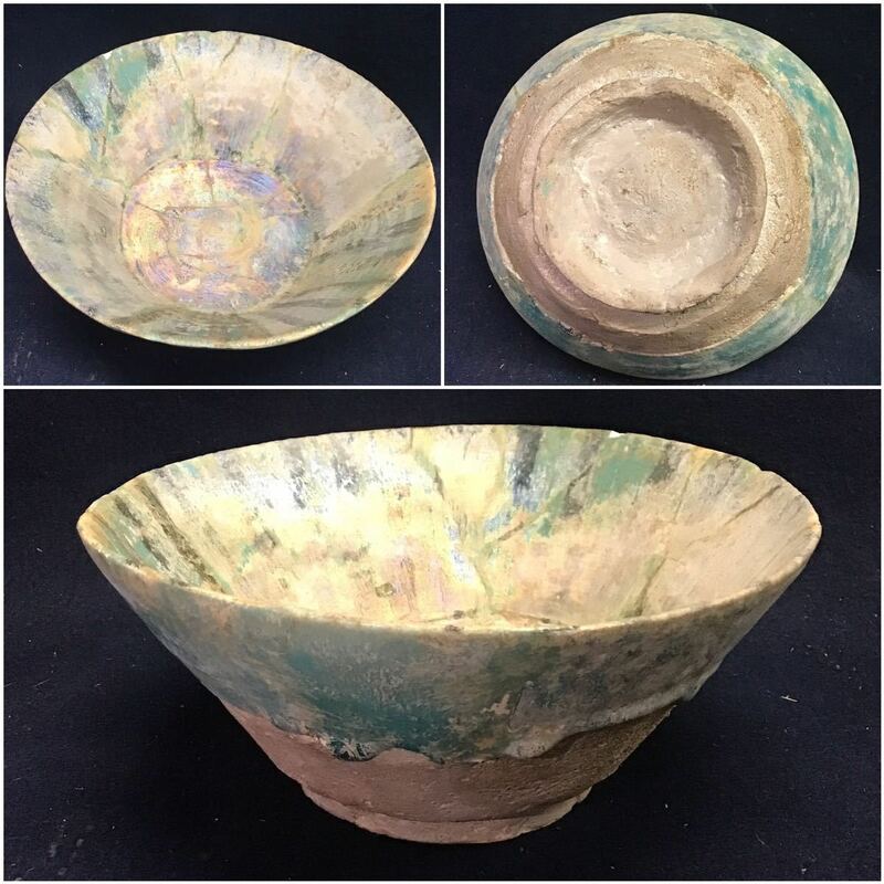 ペルシャ陶器　古陶磁　イスラム　菓子鉢　発掘　青釉　エメラルドグリーン　古代　12世紀　ラスター彩　緑釉銀化鉢