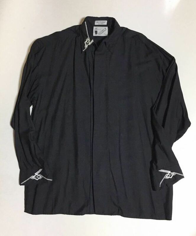 GOOUCH 刺繍 レーヨン シャツ L ブラック DEADSTOCK グーチ デザイン vintage shirts ヴィンテージ 黒 BLACK デッドストック 柄シャツ