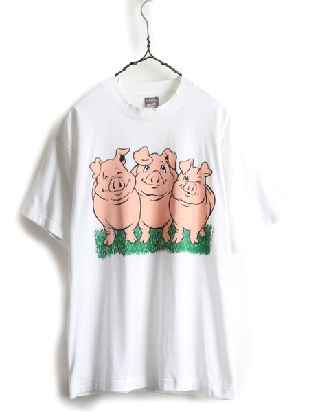 90s ■ ブタ イラスト 両面 プリント 半袖 Tシャツ メンズ L 90年代 オールド 動物 豚 アート アニマル キャラクター シングルステッチ 白