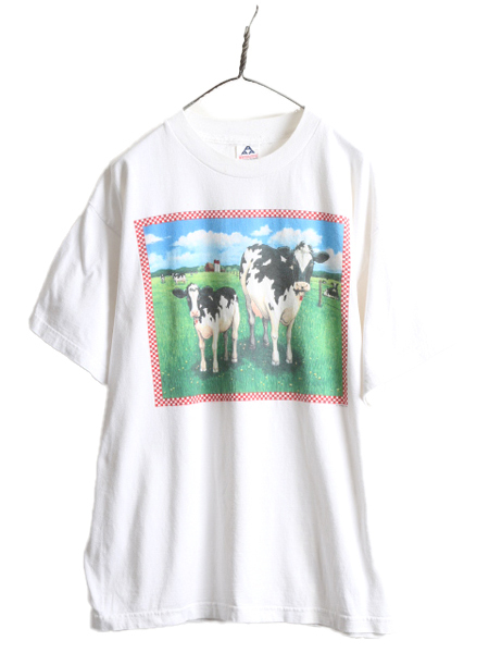 90s ■ 牛 アート イラスト プリント Tシャツ ( メンズ XL ) 古着 90年代 オールド 当時物 アニマル 動物 グラフィック ヘビーウェイト 白