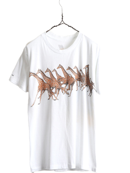 80s ■ キリン アート イラスト 両面 プリント Tシャツ ( メンズ レディース M 程) 古着 80年代 ビンテージ アニマル シングルステッチ 白
