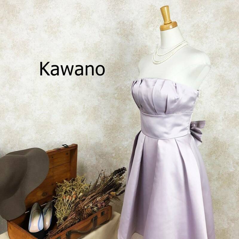 カワノ Kawano ドレス ライトピンク M ひざ丈 リボン 胸パッド有 ベアトップ レースアップ オーガンジー タック ワンピース 裏地有 B-505