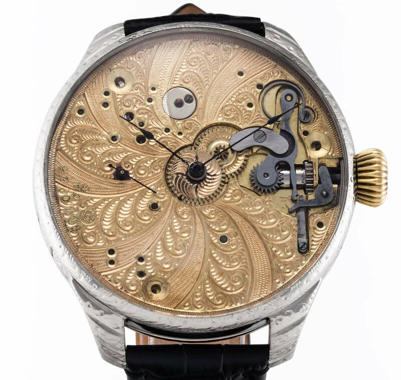 下取＆値引き交渉あり 1905年代 オメガ懐中時計のムーブメント使用した カスタム時計 スパイラルフルエングレービング 腕時計