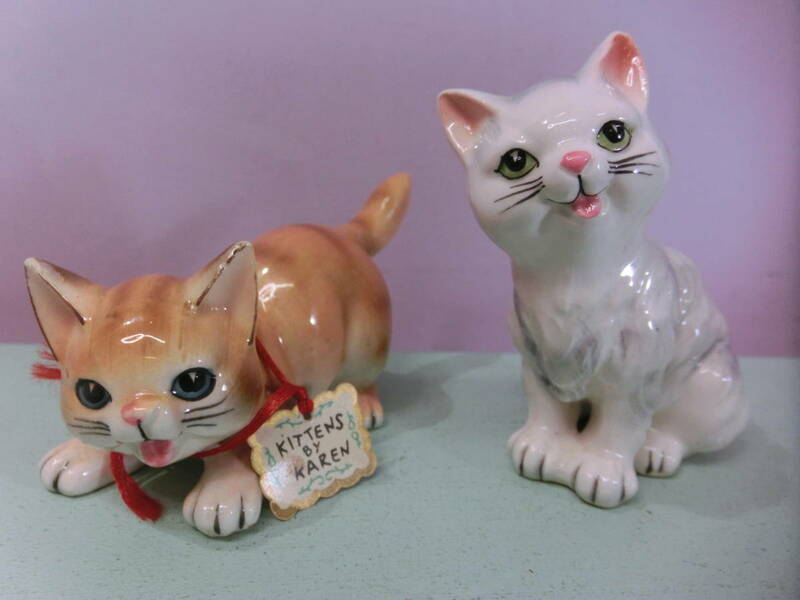 ビンテージ ネコ 猫 陶器フィギュア人形 日本製 アンティーク ドール 2匹セット 置物 昭和レトロ VINTAGE ANTIQUE CAT 子ねこ 補修 難あり