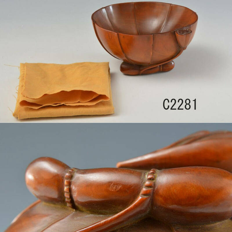 C02281 蓮型手彫柘植置物 約69g：真作