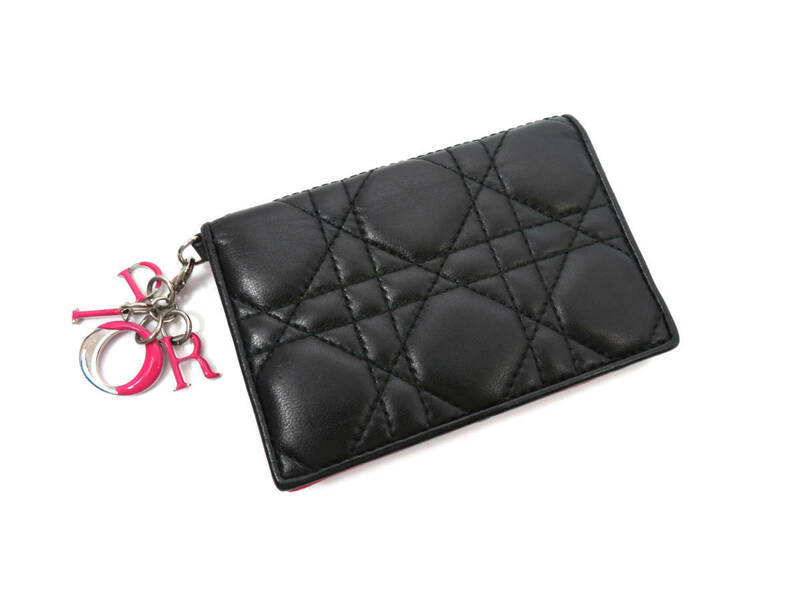 6999 美品 Christian Dior レディディオール カナージュ ラムレザー 二つ折り カードケース 名刺入れ ブラック 黒×ピンク レディース