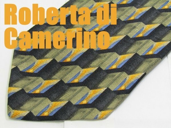 AA 163 ロベルタディカメリーノ Roberta di Camerino ネクタイ 黒系 緑系 カーキ 微光沢 ジオメトリックプリント 幾何学模様 ジャガード