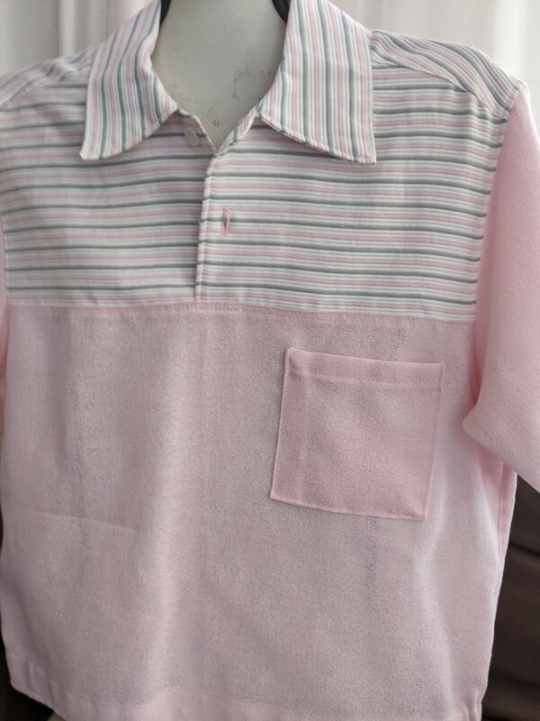 未使用　ピンク×ストライプ切り替えし半袖プルオーバーシャツ　ロカビリー　