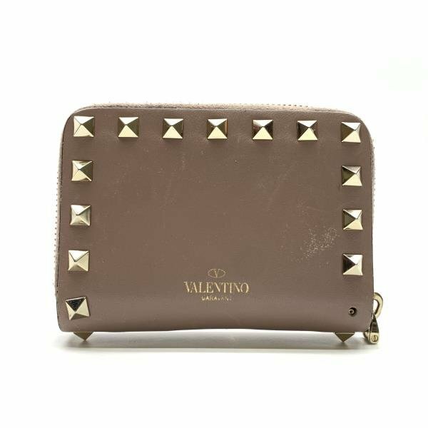 VALENTINO バレンティノ バレンチノ ロックスタッズ ラウンドファスナー コインケース 小銭入れ ベージュ系 財布 管理RY23002505