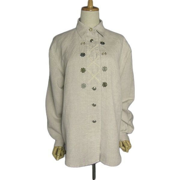 Alphorn リネン混 カントリー シャツ チロルシャツ レディース Lサイズ位 刺繍 ヨーロッパ 民族衣装 古着