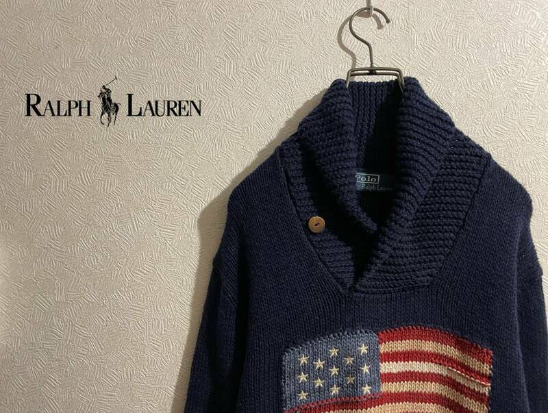 ◯ Polo Ralph Lauren 星条旗 ショールカラー リネン ニット / ラルフローレン セーター コットン ネイビー 紺 S Mens #Sirchive