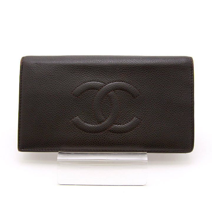 中古良品 シャネル CHANEL 長財布 キャビアスキン ココマーク レザー ウォレット A48651 ダークブラウン 茶 革 ヴィンテージ coco