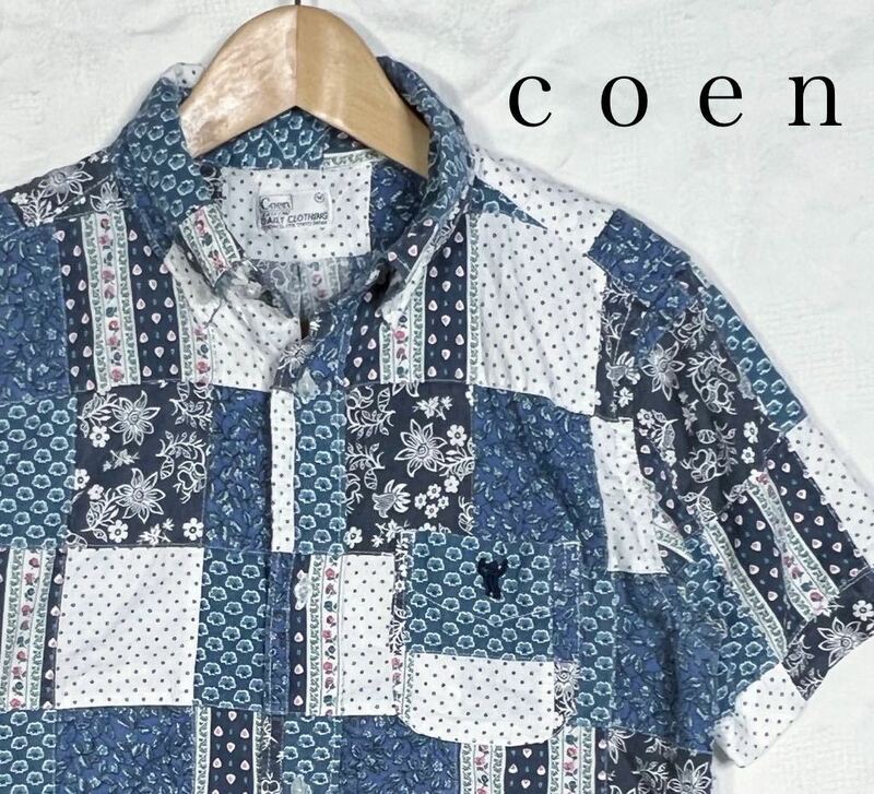 レア！希少！Coen ボタンダウンシャツ 半袖シャツ　ブルー系　クレイジーパターン、花柄　ワンポイントロゴ刺繍　サイズM送料370円