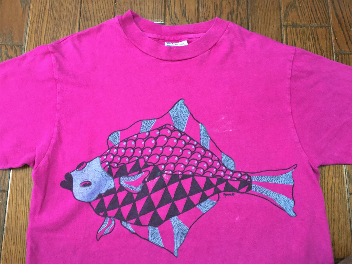 ＵＳＡ製 ８０ｓ ヘインズ Ｈａｎｅｓ シングルステッチ ヒラメ Ｔシャツ Ｍ 紫 パープル 平目 魚 フィッシュ ８０年代 アメリカ製