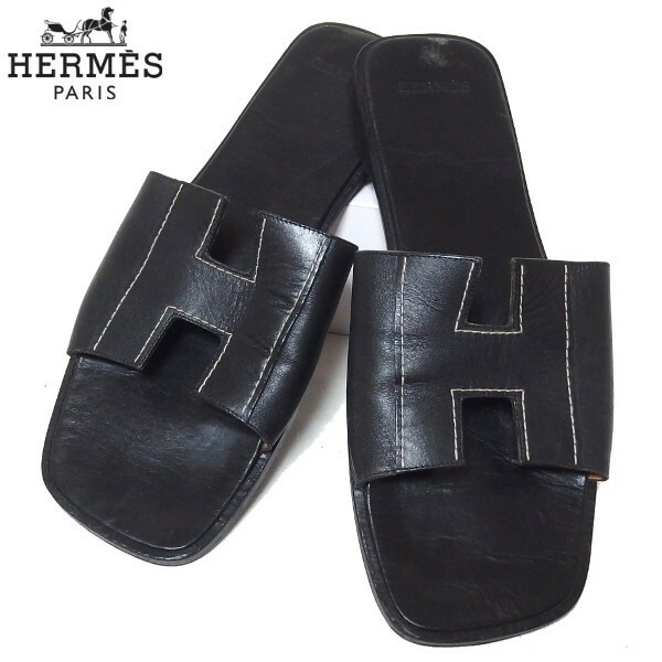 ★HERMES Hロゴ レザー サンダル メンズ ローヒール 黒 エルメス★