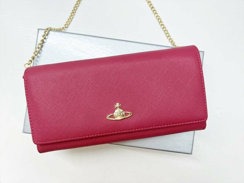 未使用保管　美品　Vivienne Westwood　ヴィヴィアンウエストウッド　オーブ　チェーンウォレット　二つ折り長財布　レッド系