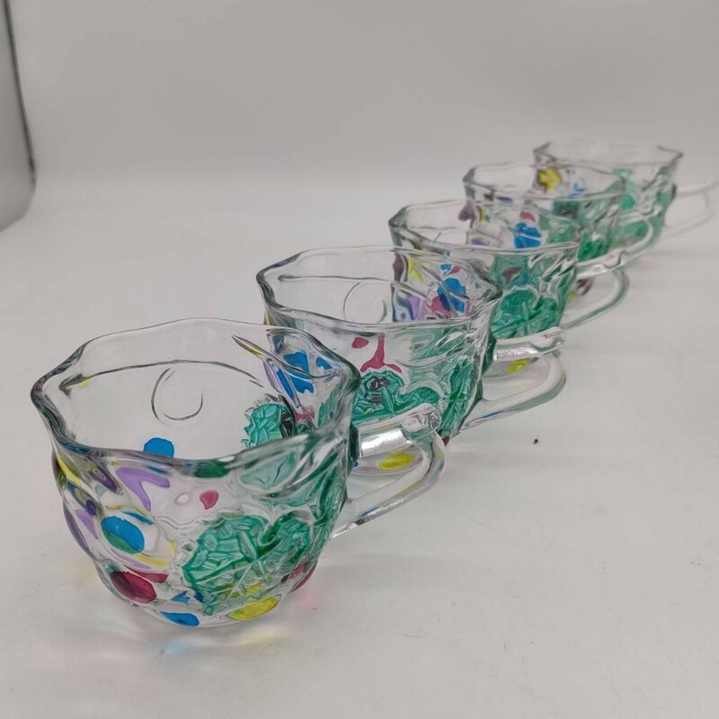 レトロ 硝子カップ カラフル 葡萄の葉 ポップガラス 昭和 ガラス 