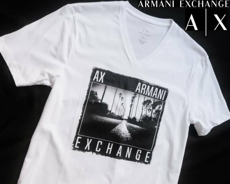 新品★アルマーニ★セクシーな ブラック フォトプリント ホワイト Tシャツ★Vネック 白&黒 モノトーン L★A/X ARMANI☆924