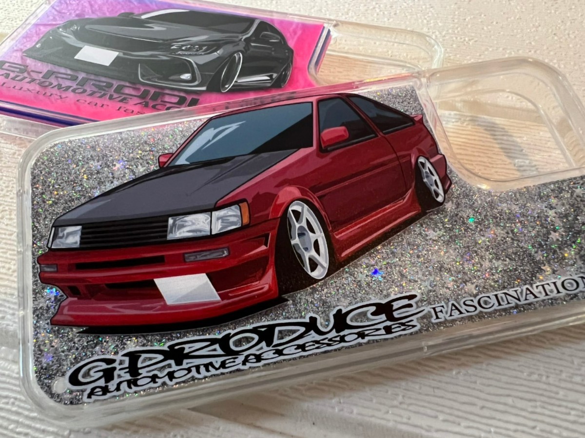 カローラ　レビン　AE86　エアロ　　iPhoneケース　iPhone14　ラメ　車高短　車体ステッカー　UV印刷　86G-PRODUCE