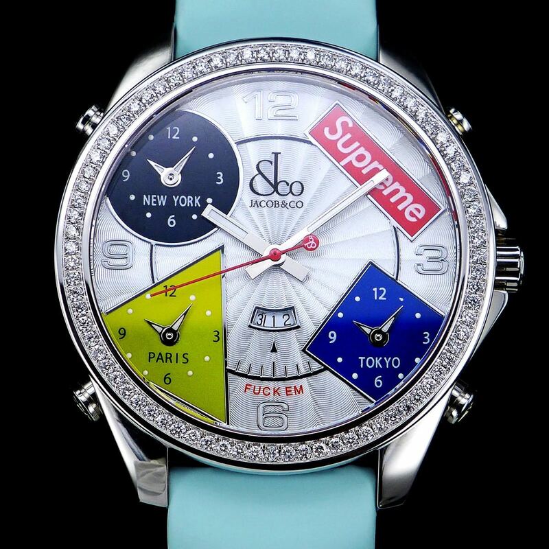 Jacob&Co ジェイコブ Supreme シュプリーム 4タイムゾーン ホワイト文字盤 47mm ダイヤモンド ステンレス ブルーベルト 腕時計 メンズ