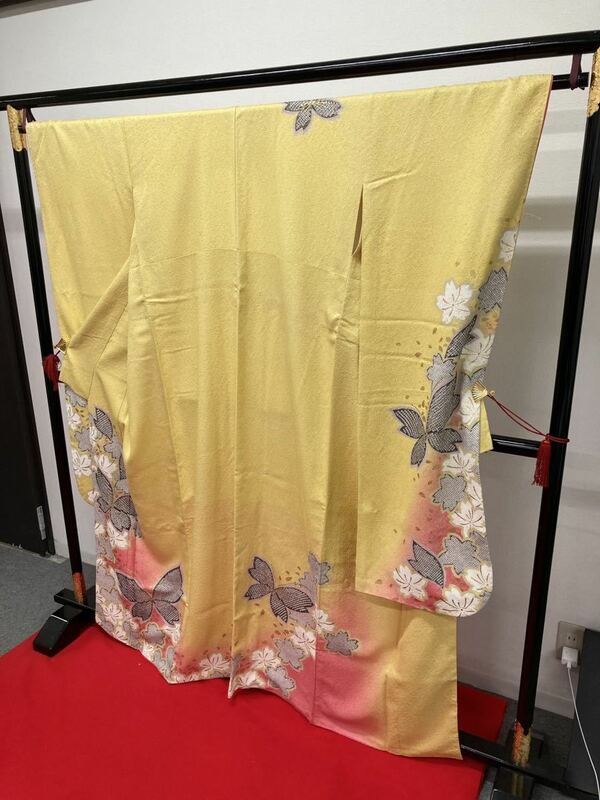 井455 振袖 成人式 式典 初詣 ゴールド系 黄色 花 桜 ラメ キラキラ 着物 和装 210129
